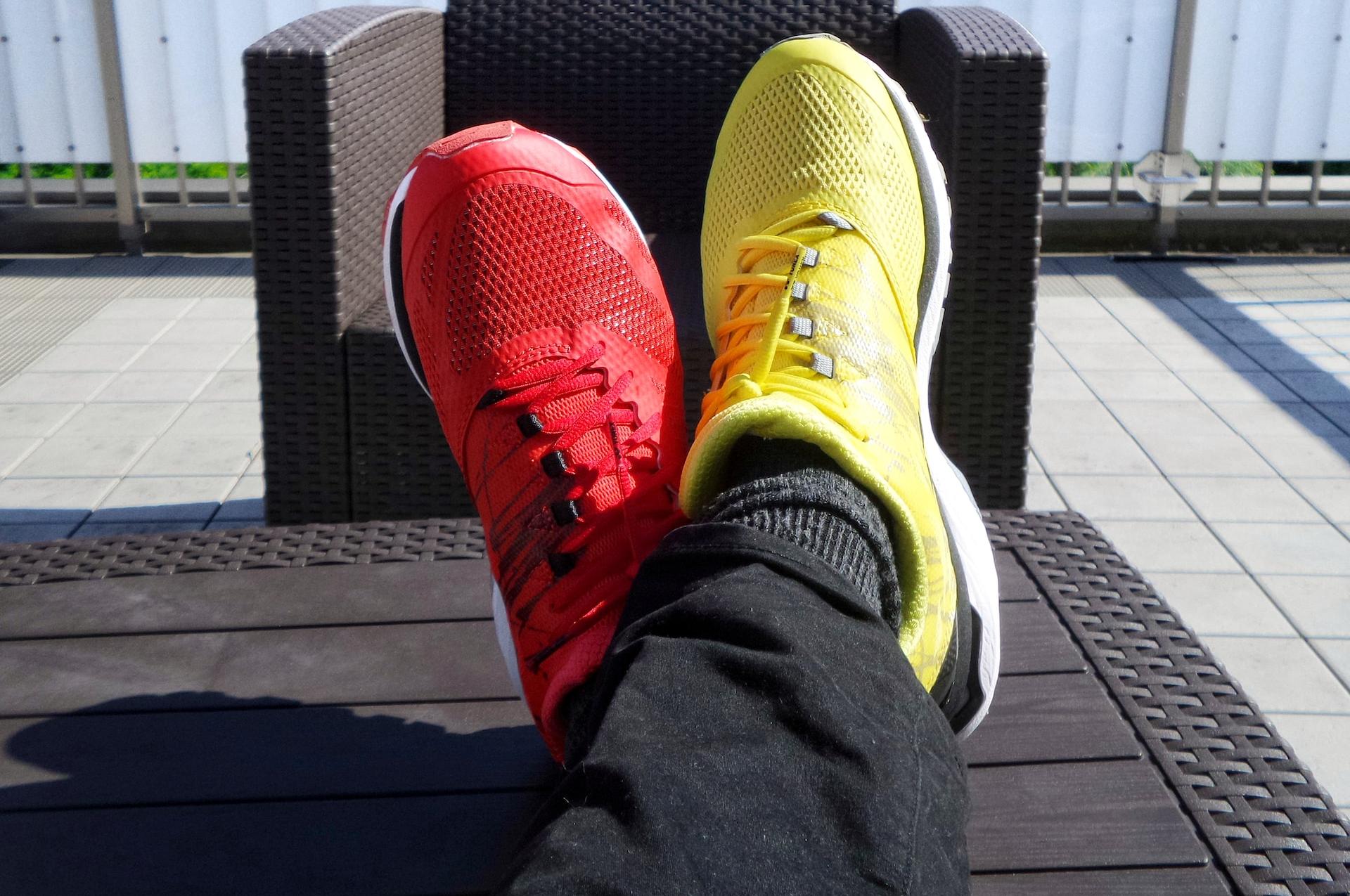 pair of red-and-yellow sneakers